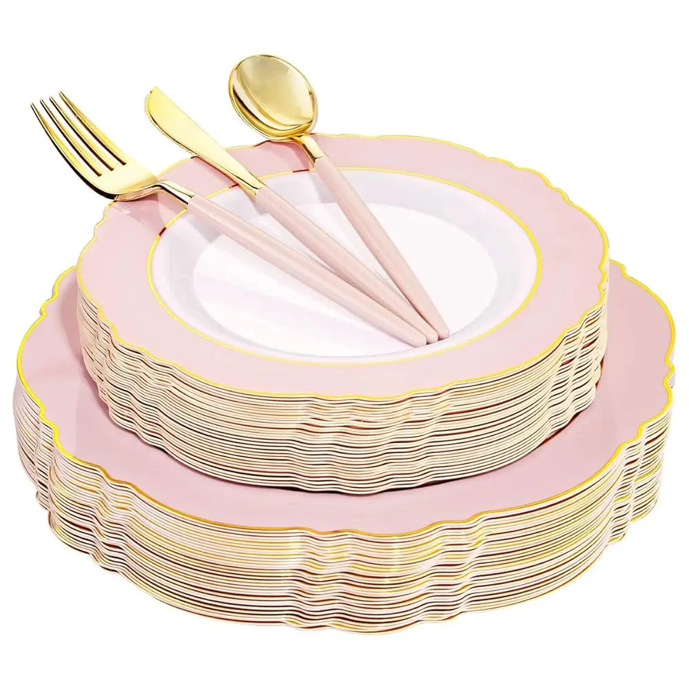 30Guest Pink Plates Disposable - Hign-End Baroque Design - Gold Plastic Silverware With Handle-Baroque Pink &Gold Plastic Good Vibrations