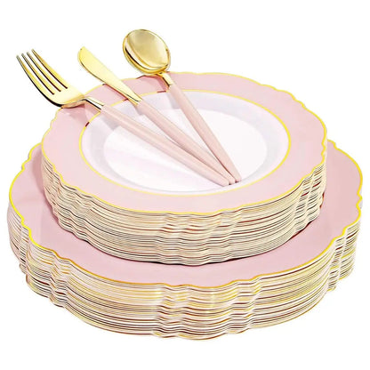 30Guest Pink Plates Disposable - Hign-End Baroque Design - Gold Plastic Silverware With Handle-Baroque Pink &Gold Plastic Good Vibrations