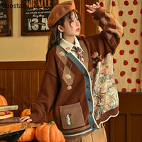 Kawaii Cartoon Embroidery Cardigan Women Vintage Jk Uniform Sweater Coat Autumn Girls Loose Y2k Knitted Tops Sueters De Mujer Good Vibrations