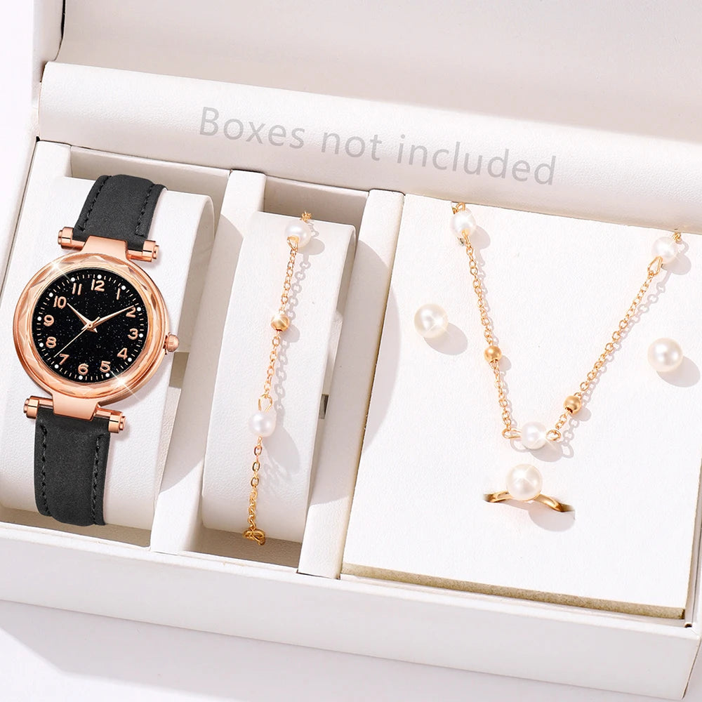 6PCS/Set Red Women's Watch With Minimalist Elements Dial Quartz Watch Latex Strap Cherry Elements Jewelry Set Girl's Gift Good Vibrations Adult Super Store