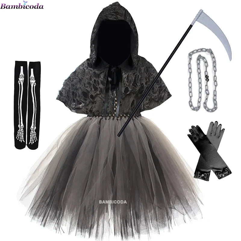 Halloween Grim Dresses Horror Death Cosplay Black Cloak Costume kids Girls Party Clothes Halloween Dress Demon Ghosts Costume Good Vibrations