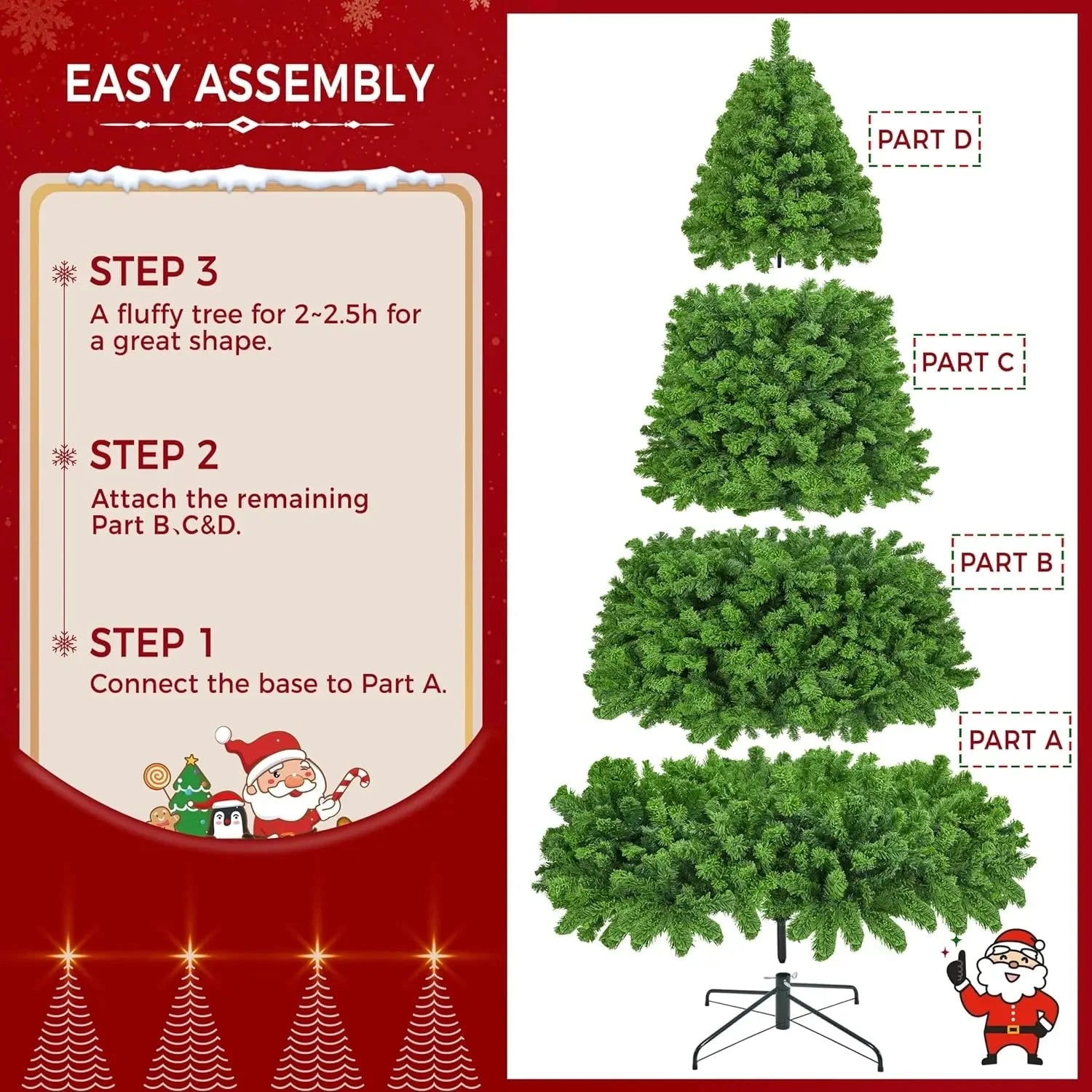 5 to 10ft Artificial Christmas Tree , Snow Flocked Full Prelighted Xmas Tree with 2084 Branch Tips, 900 Incandescent Lights Good Vibrations