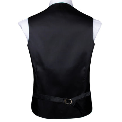 Hi-Tie Black Men Silk Vest Paisley Jacquard Necktie Hankerchief Cufflinks Sets Male Sleeveless V-Neck Waistcoat Business Formal Good Vibrations