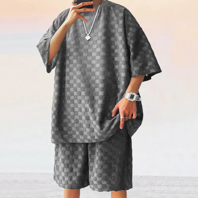 European and American Oversized Fashion Brand Men's Summer New Chessboard Plaid Loose Sports and Leisure Two-Piece Set Good Vibrations