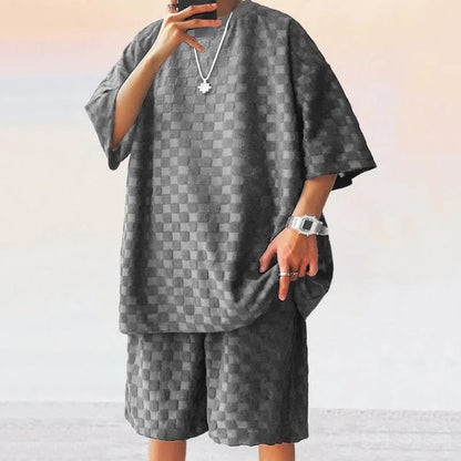 European and American Oversized Fashion Brand Men's Summer New Chessboard Plaid Loose Sports and Leisure Two-Piece Set Good Vibrations