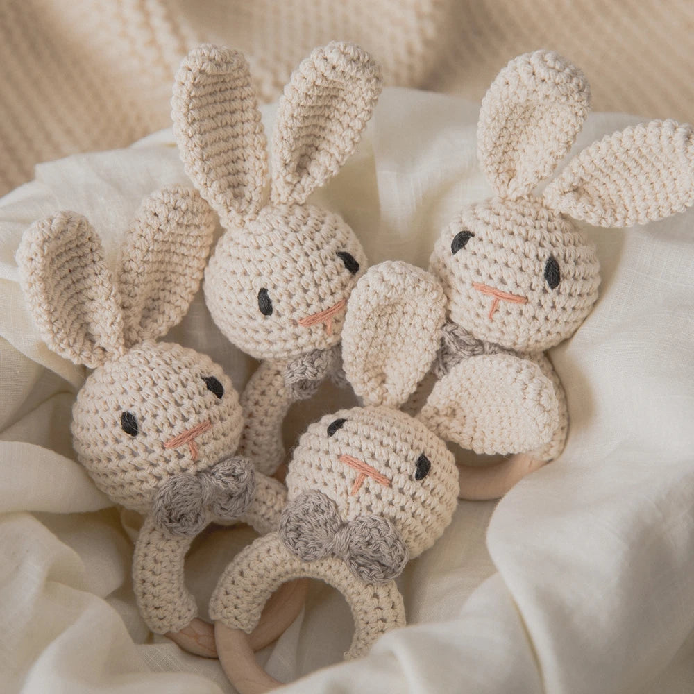 Baby Crochet Rattle Wooden Teether Toy BPA Free Wood Rodent Rabbit Rattle Baby Mobile Play Gym Newborn Educational Music Toys Good Vibrations