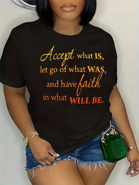 Plus Size Casual T-shirt Women's Plus Ombre Letter Graphic Short Sleeve Round Neck Medium Stretch Top Good Vibrations