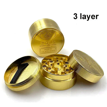 Gold herb grinder with three zinc alloy layers, 40mm size.