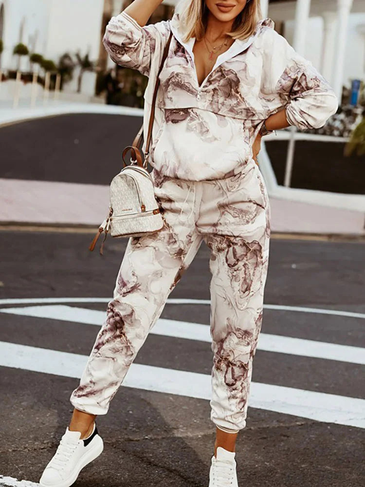 Spring Autumn Lady Casual Long Pants Suit Women Patchwork Zip Top Print Trousers Set Loose High Waist Pants Two Piece Set Outfit Good Vibrations
