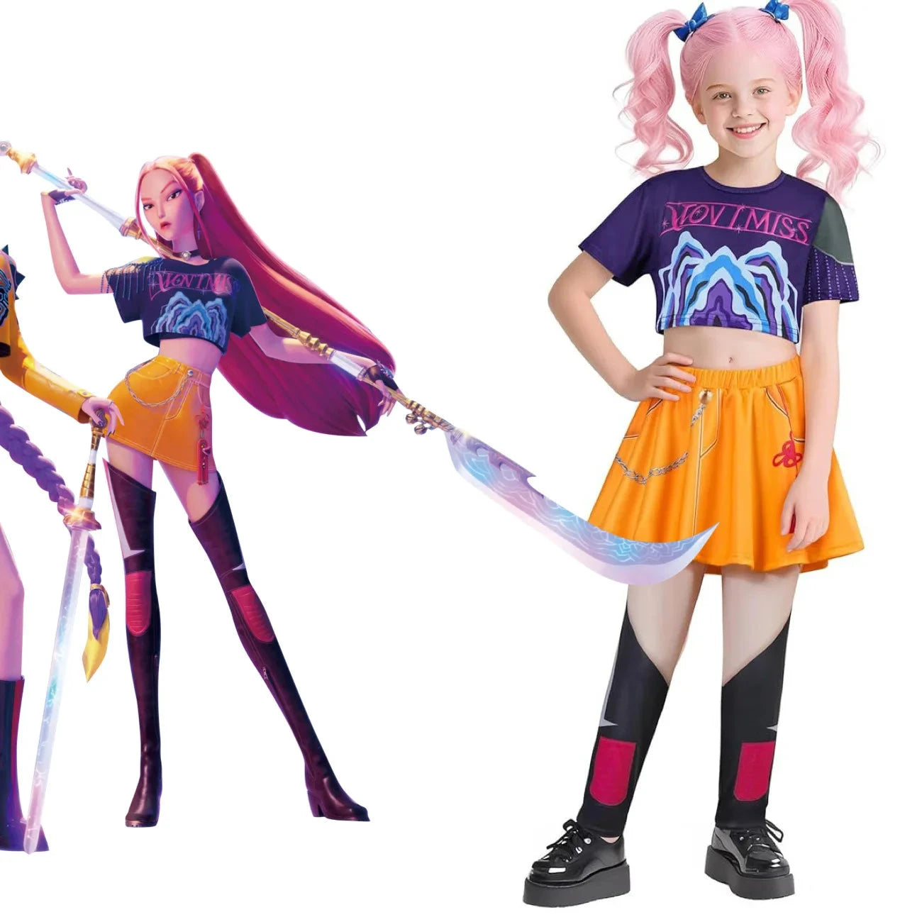 KPOP Demon Mira Huntrix Hunters Kids Clothes Girls Rumi Zoey Mira Cosplay Clothes Elegant Dress Anime Outfit Full Set Halloween Good Vibrations