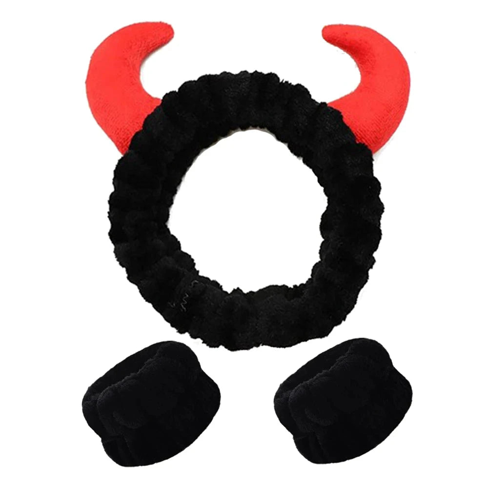 Demon Design Headband And Wristbands Set, Flannel Coral Hair Band Wristbands, Makeup Spa Face Wash Hair Accessories Good Vibrations