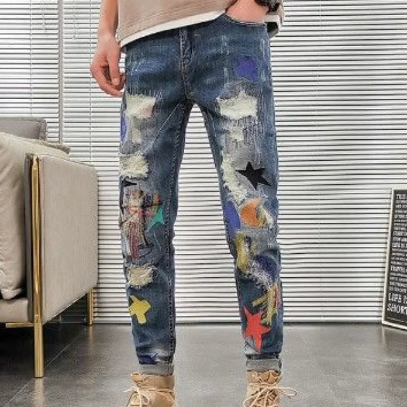Graphic Men's Jeans Tapered Man Cowboy Pants Ripped with Print Torn Slim Fit Trousers Korean Fashion Retro Broken Harajuku Xs XL Good Vibrations