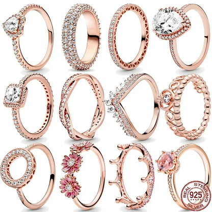 Fashion Jewelry 925 Sterling Silver Classic Rose Gold Series Ring Shining Crown Charm Ring Women's Birthday Exquisite Gift Good Vibrations