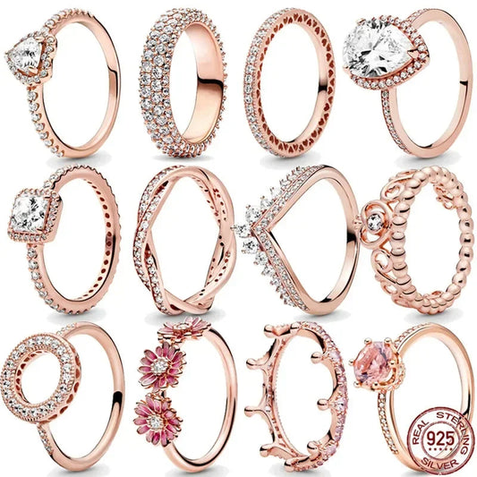Fashion Jewelry 925 Sterling Silver Classic Rose Gold Series Ring Shining Crown Charm Ring Women's Birthday Exquisite Gift Good Vibrations