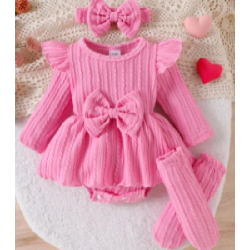 Autumn Winter Baby Girl Sets Purple Green Pink Red Ruffle Long Sleeve Bodysuit+Socks+Headwear Infant Birthday Party Wear D0141 Good Vibrations