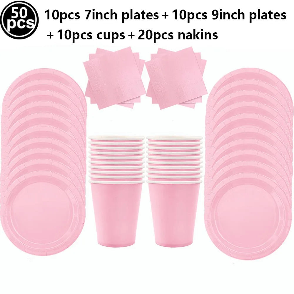 Pink Party Disposable Tableware Solid Color Party Pink Plates Cup Tablecloth Birthday Wedding Baby Shower Picnic Party Supplies Good Vibrations