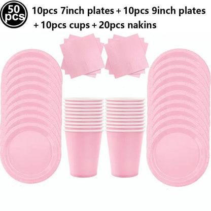 Pink Party Disposable Tableware Solid Color Party Pink Plates Cup Tablecloth Birthday Wedding Baby Shower Picnic Party Supplies Good Vibrations
