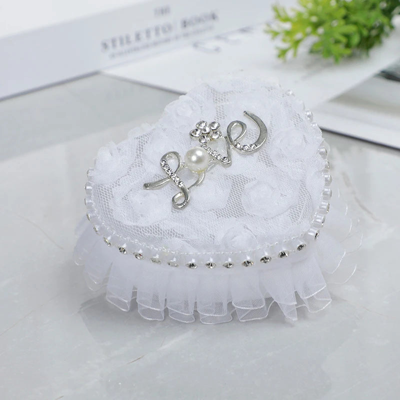 Ring Box Heart Wedding Lace Holder Pillow Ceremony Pillows Jewelry Bearer White Shape Boxes Pearl Rhinestone Case Love Proposal Good Vibrations