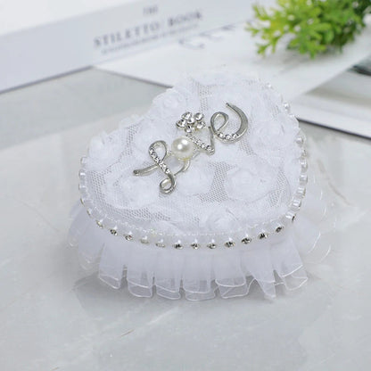 Ring Box Heart Wedding Lace Holder Pillow Ceremony Pillows Jewelry Bearer White Shape Boxes Pearl Rhinestone Case Love Proposal Good Vibrations