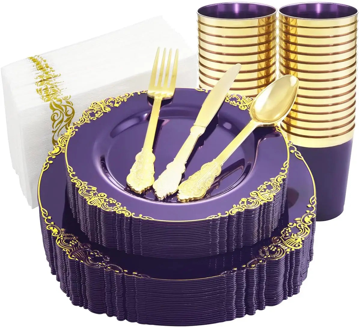 175PCS Blue Gold Plastic Plates Sets, Include 25Dinner Plates, 25Dessert Plates, 25Cups, 25Forks, 25Knives, 25Spoons, 25Napkins Good Vibrations