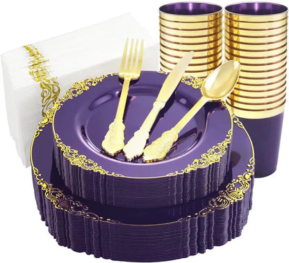 175PCS Blue Gold Plastic Plates Sets, Include 25Dinner Plates, 25Dessert Plates, 25Cups, 25Forks, 25Knives, 25Spoons, 25Napkins Good Vibrations