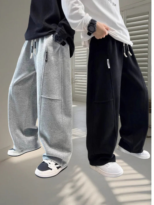 2026 New Spring Casual Kids Pants Black Elastic Waist Straight Leg Sweatpants for Boys Loose Pocket Children Trousers Good Vibrations