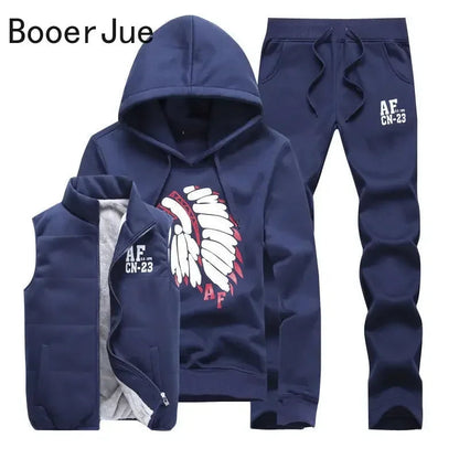 3 Pieces Set Hoodies+Vest+Pants Casual Men's Track Suit Clothing Coats Winter Thick Warm Tracksuit for Men Printed Mens Set Vest Good Vibrations