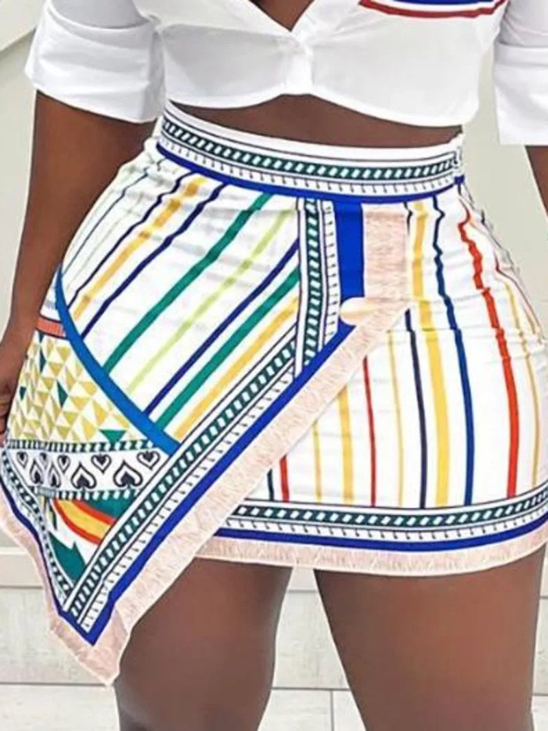 Two Piece Set Women Outfit Summer Fashion Graphic Print Buttoned Turn-Down Collar Shirt & Striped Asymmetrical Skirt Set O9ZA Good Vibrations