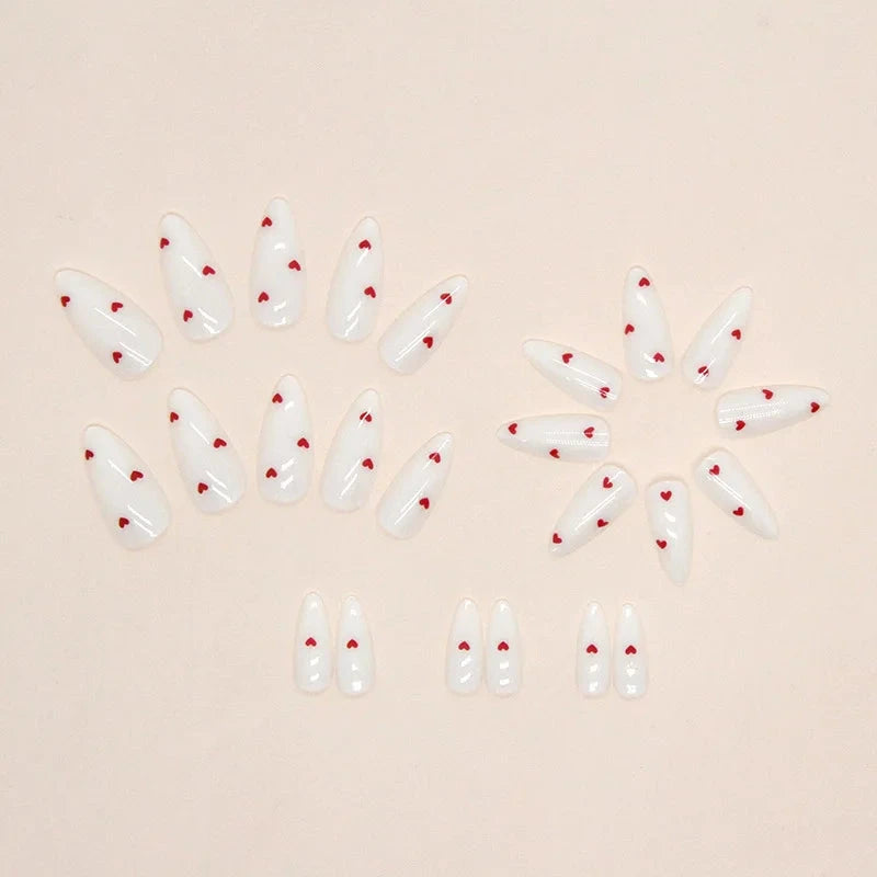 24PCS- white almond fake nails, red love pattern decoration, exquisite elegance, fashion generous, suitable for dating, dinner, Good Vibrations