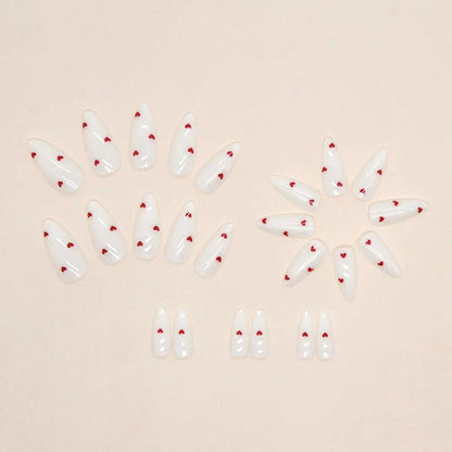 24PCS- white almond fake nails, red love pattern decoration, exquisite elegance, fashion generous, suitable for dating, dinner, Good Vibrations