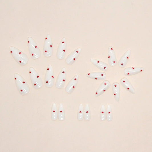 24PCS- white almond fake nails, red love pattern decoration, exquisite elegance, fashion generous, suitable for dating, dinner, Good Vibrations