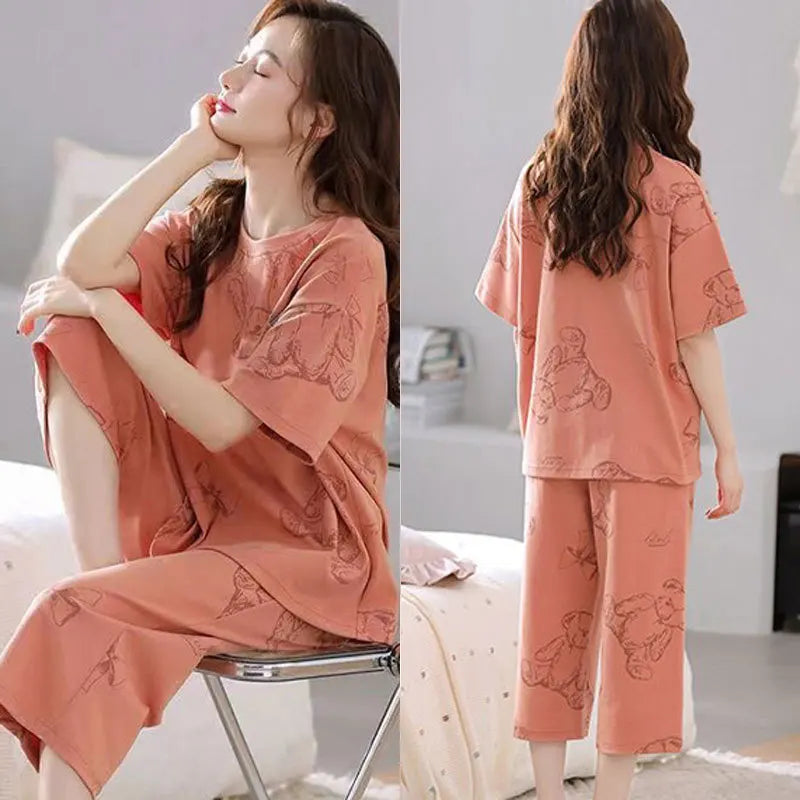 2-piece Set Women Cartoon Casual Homewear Clothes Girls Sleepwear Women Summer Short-sleeve Three-quarter Pants Pajama Set Good Vibrations