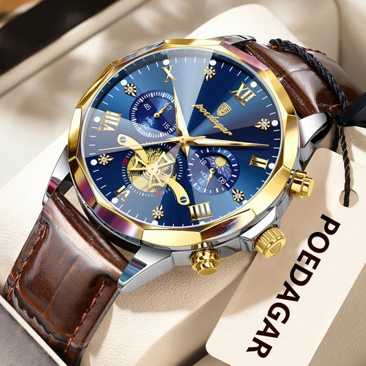 POEDAGAR Military Luxury Men Wristwatch Quartz Waterproof Luminous Chronograph Leather Man Watch Sports Men's Watches Male Reloj Good Vibrations