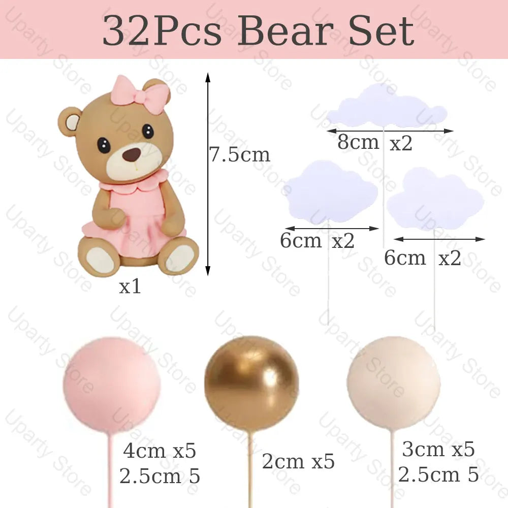 32Pcs Bear Cake Toppers Blue Pink Cake Balls Brown Bear Cake Decorations for Baby Shower 1st Birthday Party Cake Decor Favor Good Vibrations