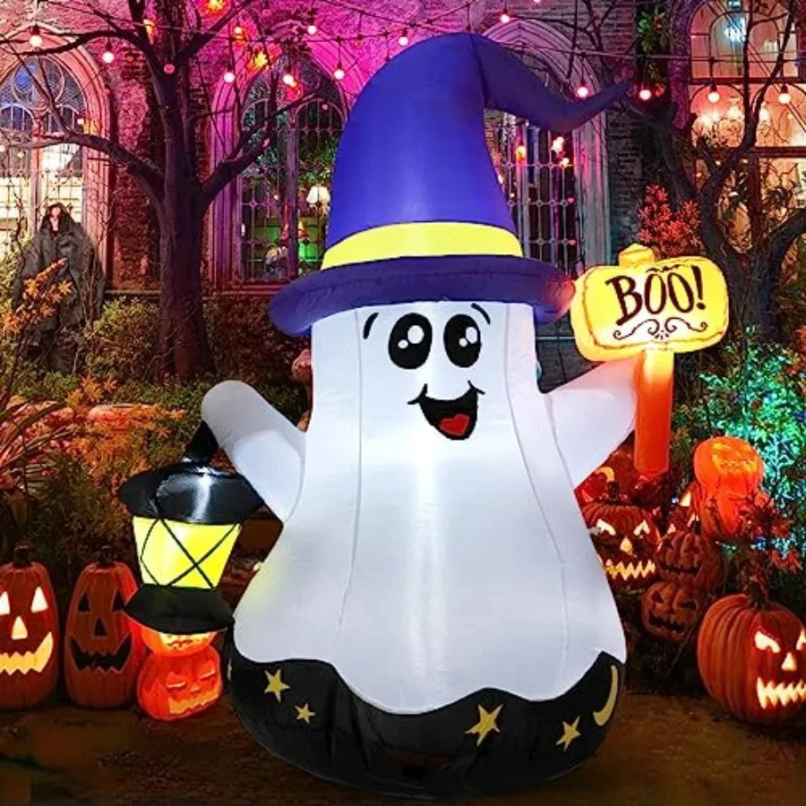 5 FT Halloween Inflatables Ghost Outdoor Decorations Blow Up Yard Cute Wizard Ghost with HandHeld Light and Builtin LEDs for Ga Good Vibrations