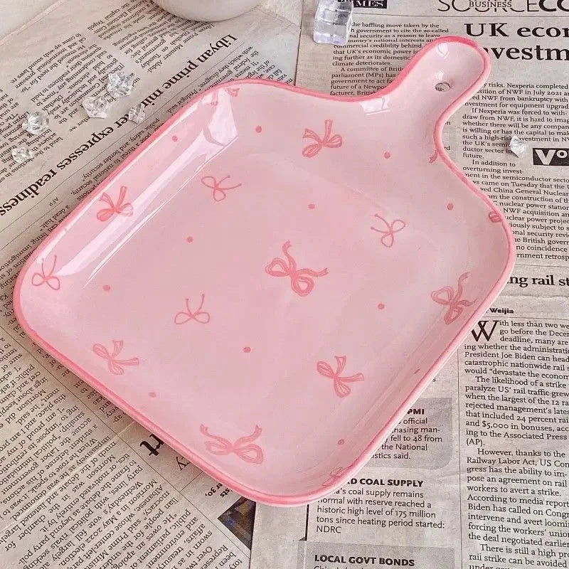 Pink Bow Ceramic Cutlery Set, Dessert Home Tableware Ceramic Handle Bowl Yogurt Cup High Value Breakfast Plate Drinkware Good Vibrations