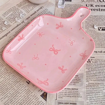 Pink Bow Ceramic Cutlery Set, Dessert Home Tableware Ceramic Handle Bowl Yogurt Cup High Value Breakfast Plate Drinkware Good Vibrations