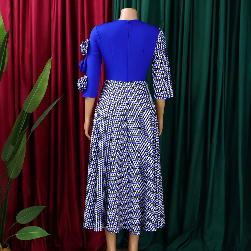 Elegant Dresses for Women 2025 Fall Fashion African 3/4 Sleeve Party Birthday New Robe Chic 3D Flower Plaid Evening A-Line Dress Good Vibrations