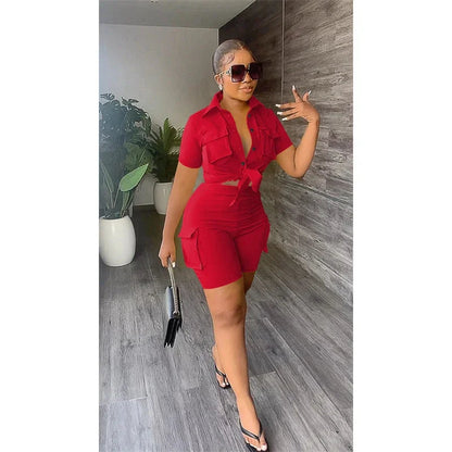 Streetwear Two Piece Set for Women Summer Outfits Pockets Short Sleeve Button-Up Shirt Top Short Sets Party Club Matching Sets Good Vibrations
