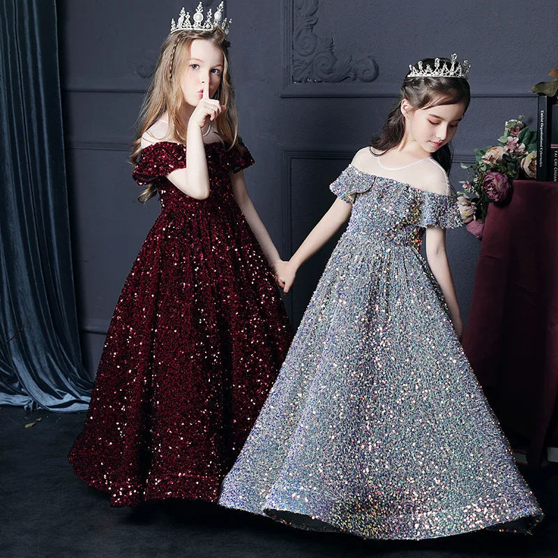 Girl's Western Style Evening Dress Flower Girl Sequined Catwalk Host Piano Performance Princess Dress Good Vibrations