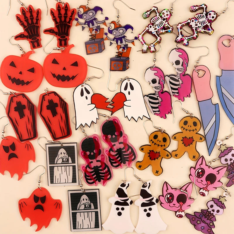 Halloween Dangle Earring With Cartoon Ghost Skeleton Coffin Clown Design Adorable Halloween Women Gift Good Vibrations