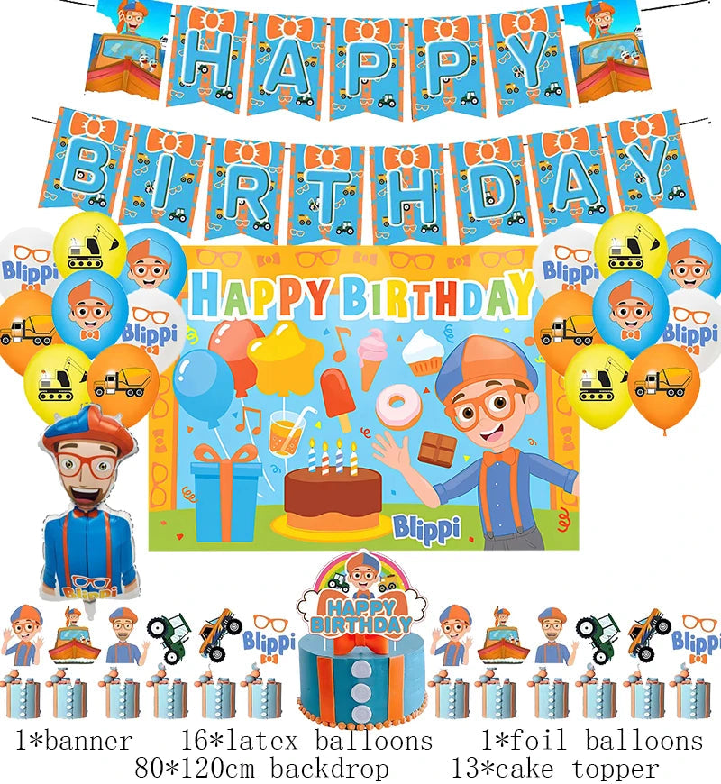 New Blippiing Birthday Party Decoration Foil Balloon Backdrop Banner Cake Topper Baby Birthday Party Supplies Good Vibrations