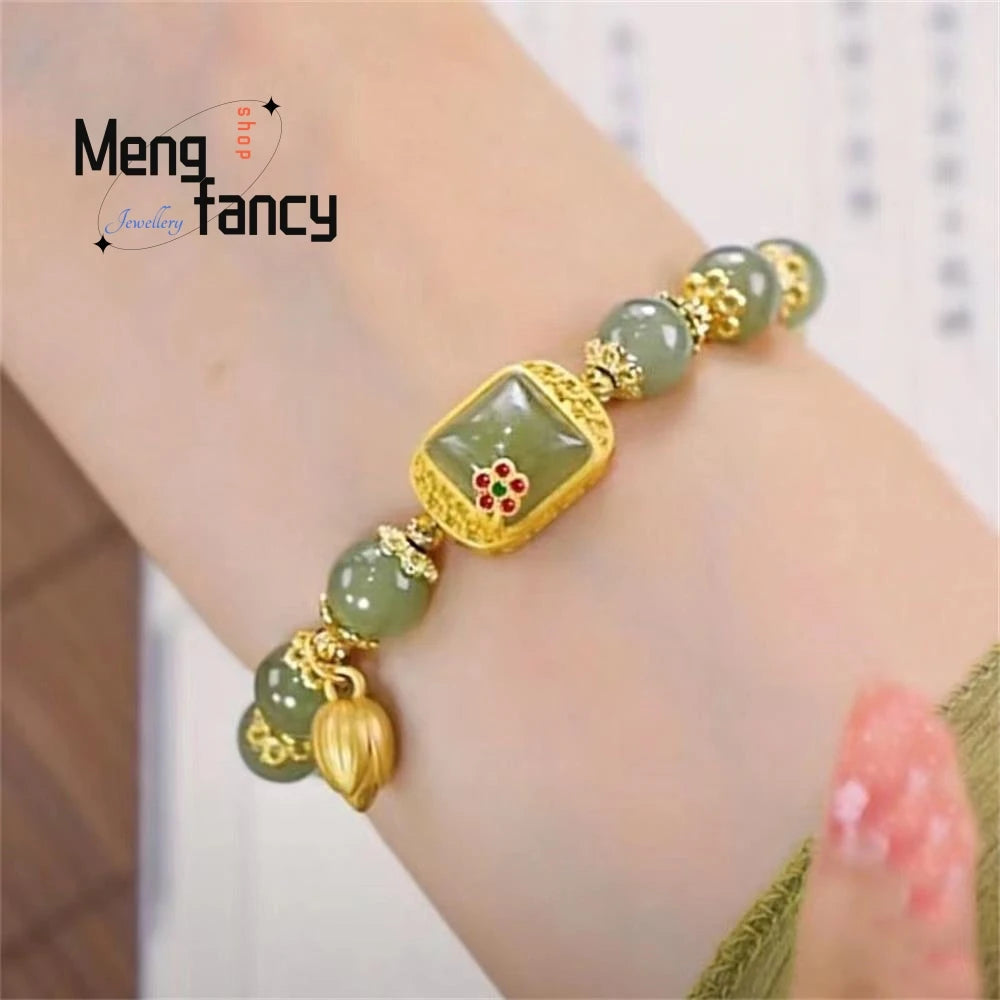 Natural Hetian Jade Bracelet Square Sugar Lotus Bracelet Exquisite Elegant Retro Chinese Style Sexy Young Girls Fashion Jewelry Good Vibrations