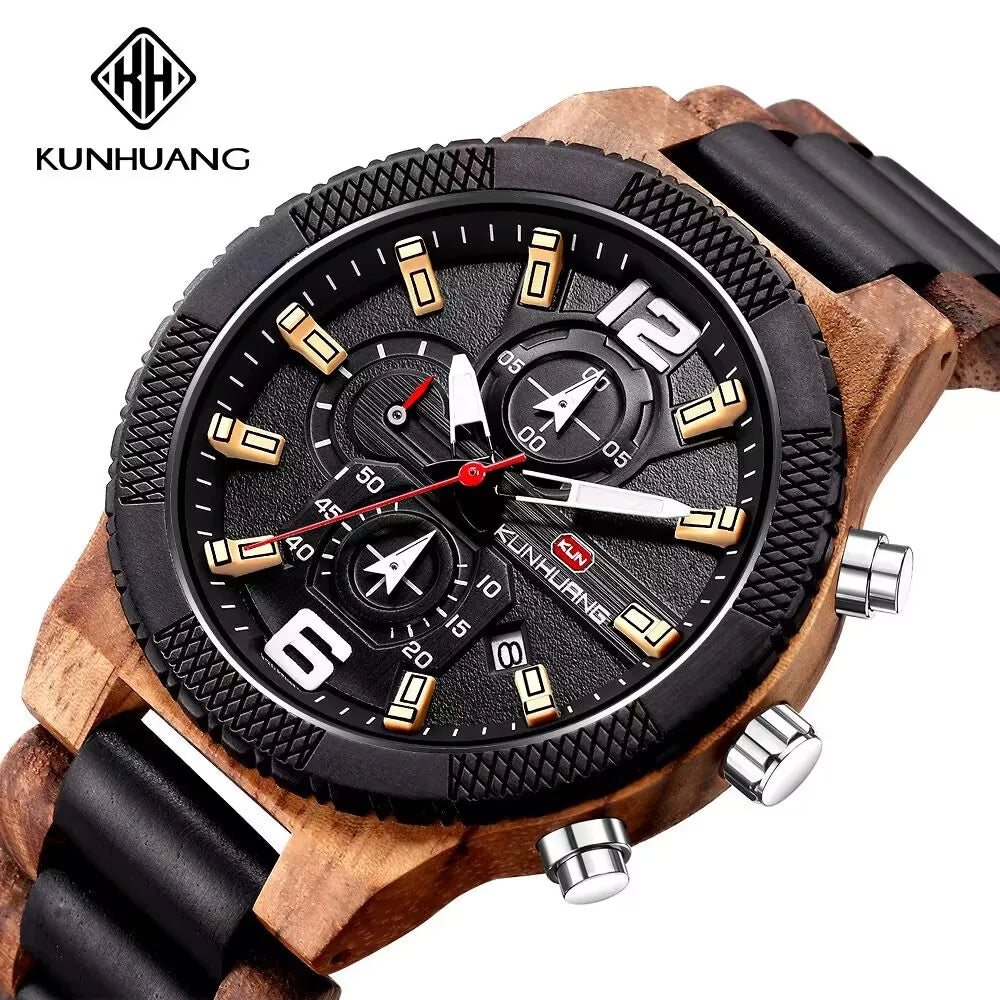 Men's Wood Watches Luxury Luminous Multi-function Wooden Watch Men's Quartz Retro Watch Men Fashion Sport Timepieces Relogio Good Vibrations