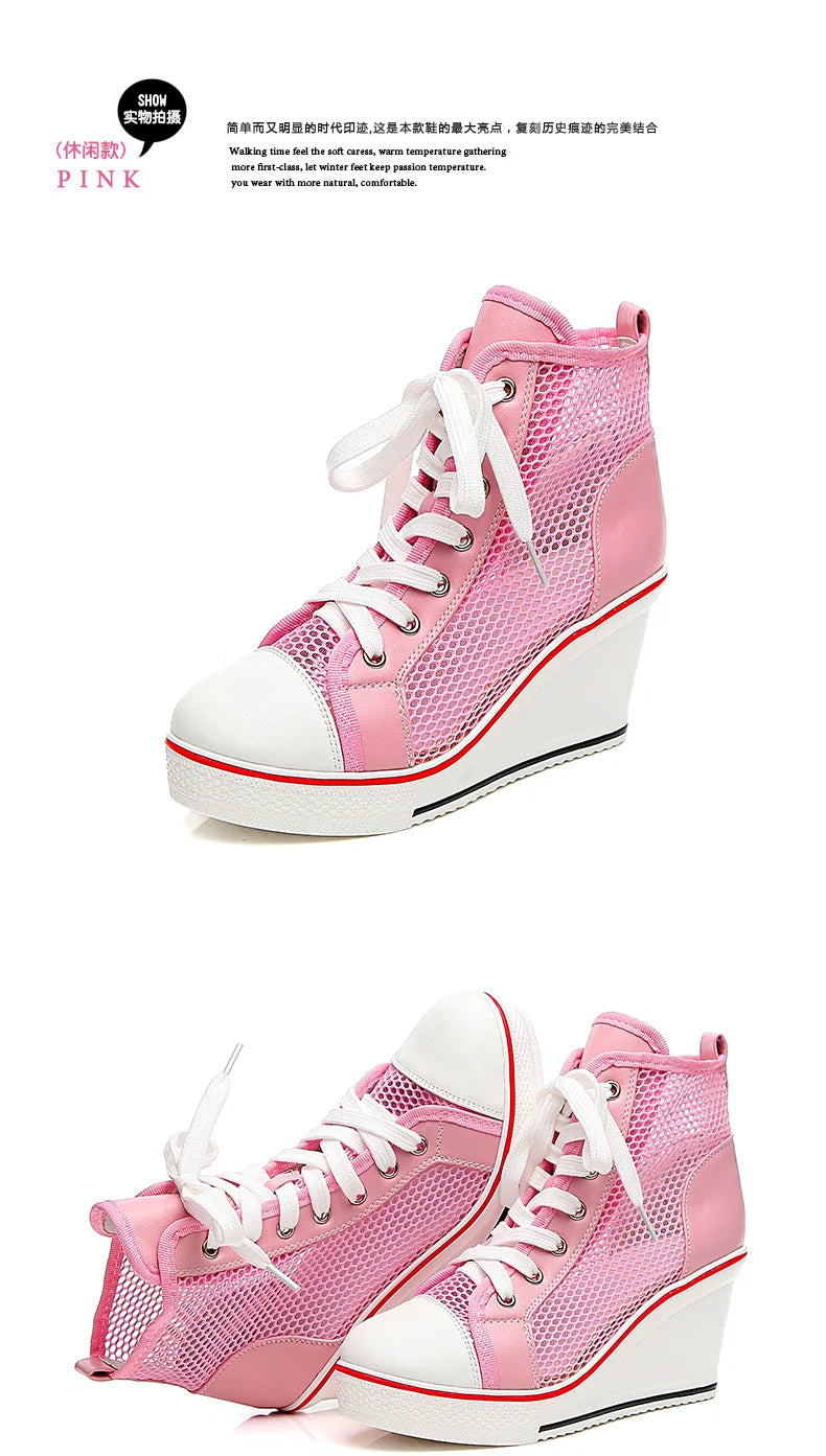 2025  Wedge Heel 8cm Height Increasing Net Shoes Thick Bottom Sandals Women's Casual Lace-up Shoes High-top Hollow Women's Shoes Good Vibrations