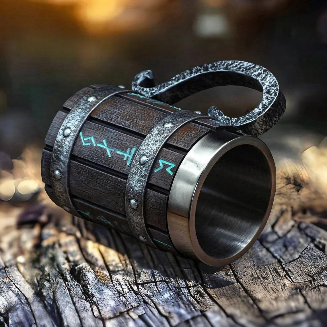 Viking Vintage Oak Barrel Beer Mug Stein with Stainless Steel Liner Coffee Cup Tea Mug Large Capacity Mug Pub Bar Party Gift Good Vibrations