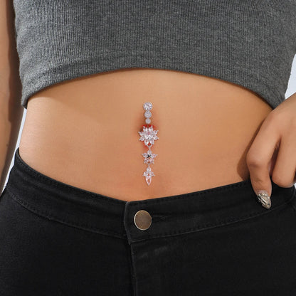 Gold Color Stainless Steel Belly Button Ring Long Dangled Flower CZ Crystal Navel Belly Piercing Rings for Women Sexy Jewelry Good Vibrations Adult Super Store