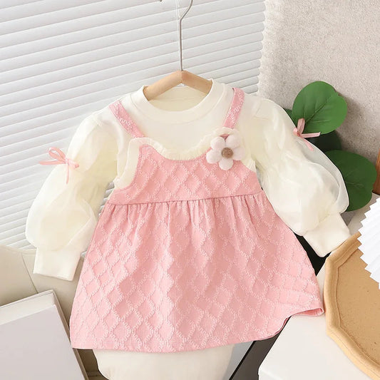 Baby Girls Dress Sweet Pink Bow Dress For Girls Long Puff Sleeve Flower Princess Dresses Spring Autumn Children's Clothing Good Vibrations