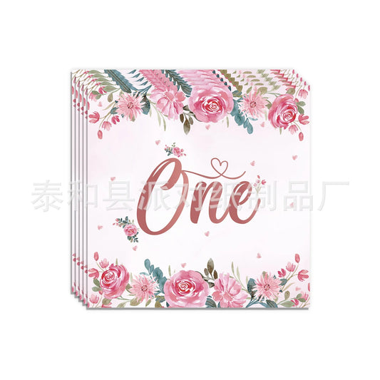 Pink Flower One Year Old Birthday Party Disposable Tableware Babyshower Girl Pink Paper Plates Baby Girl 1st Birthday Party Deco