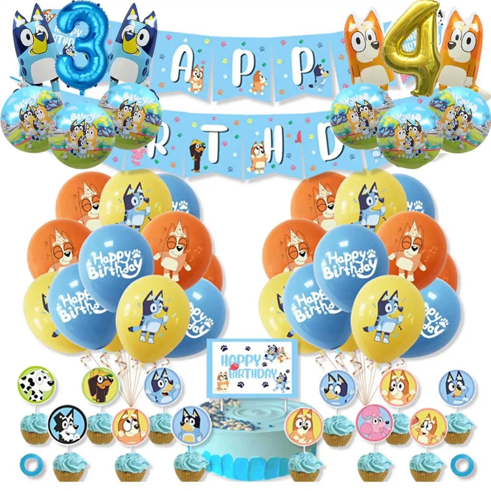 Bluey Christmas Birthday Party dinnerware Disposable Banner Cake Topper Hanging Flag bluey number Balloons Birthday Decoration Good Vibrations